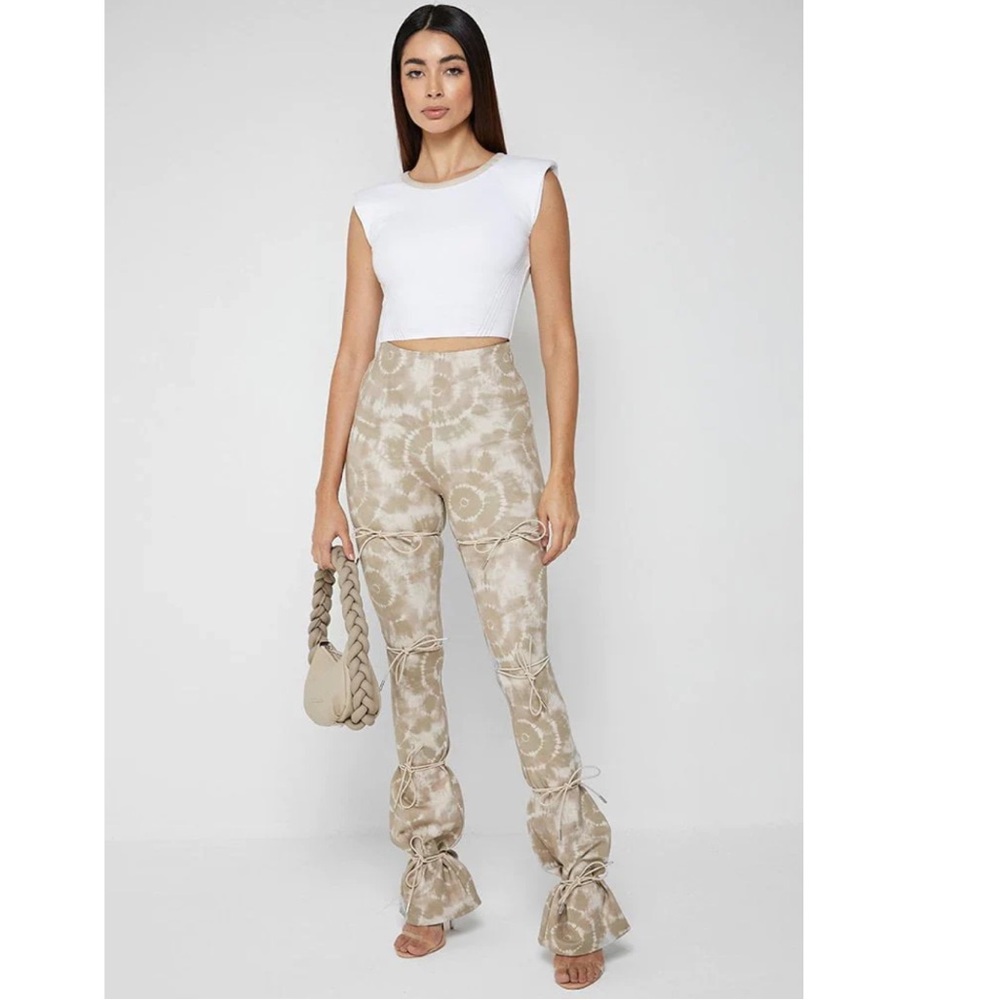 ❤️ Maniere de Voir Tan Printed Tie Up Dye High Waisted  Flared Legging Pants 6